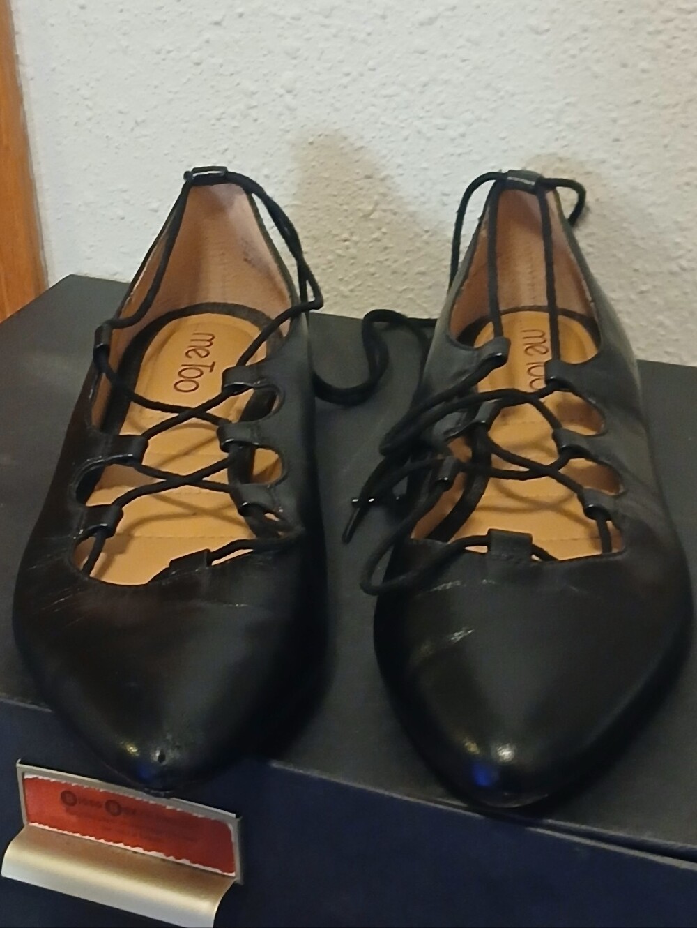 Me Too Amber Black Leather Lace Up Pointed Toe Flats Size 8M